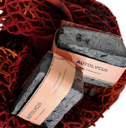 Assorted Bouncing Soaps handmade bar soaps in a red rope basket including black bar of Autolycus soap