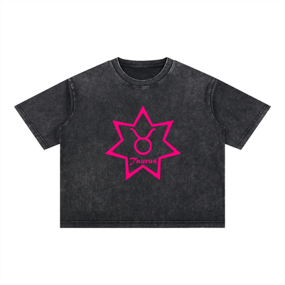 Taurus Zodiac Mineral Wash Boxy T-Shirt - Oversized Heavyweight Cotton Tee