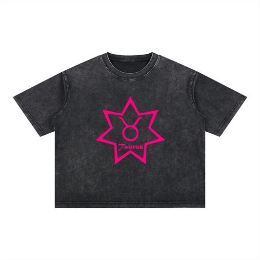 Taurus Zodiac Mineral Wash Boxy T-Shirt - Oversized Heavyweight Cotton Tee