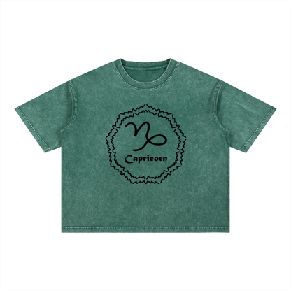 Capricorn Zodiac Mineral Wash Boxy T-Shirt - Oversized Heavyweight Cotton Tee