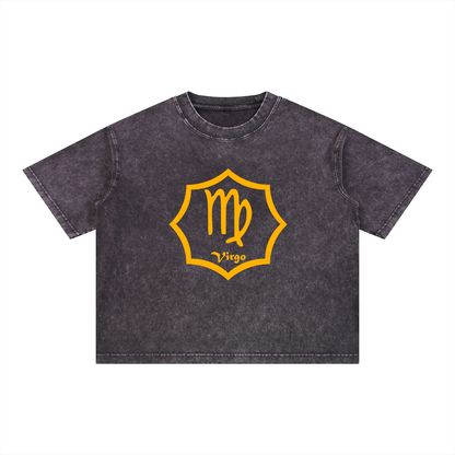 Virgo Zodiac Mineral Wash Boxy T-Shirt - Oversized Heavyweight Cotton Tee
