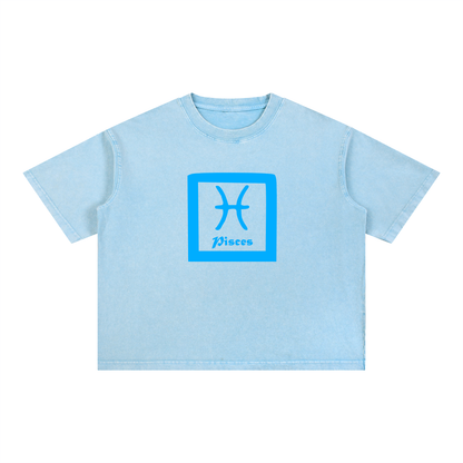 Pisces Zodiac Mineral Wash Boxy T-Shirt - Oversized Heavyweight Cotton Tee