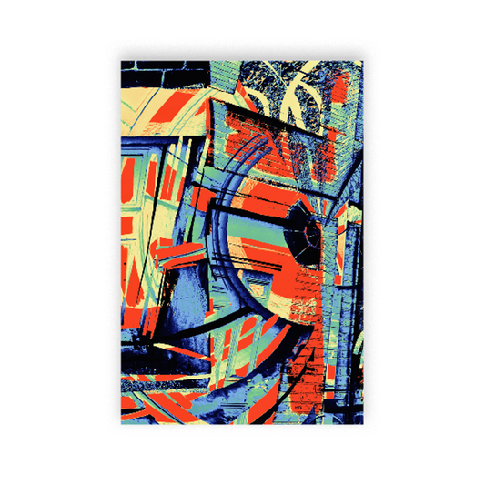 A vertical abstract art print featuring a vibrant graffiti-style design with intersecting geometric shapes, bold brushstrokes, and a central circular motif in red, blue, orange, yellow, and black, displayed against a clean white background.