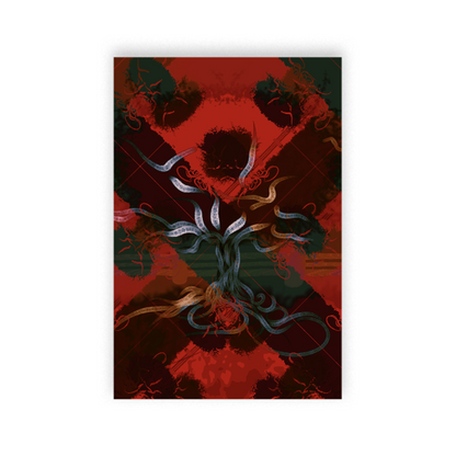 A vertical rectangular art print featuring an abstract, symmetrical design with swirling red, black, and dark green shapes, plus metallic silver and tan curved lines, shown against a plain white background.