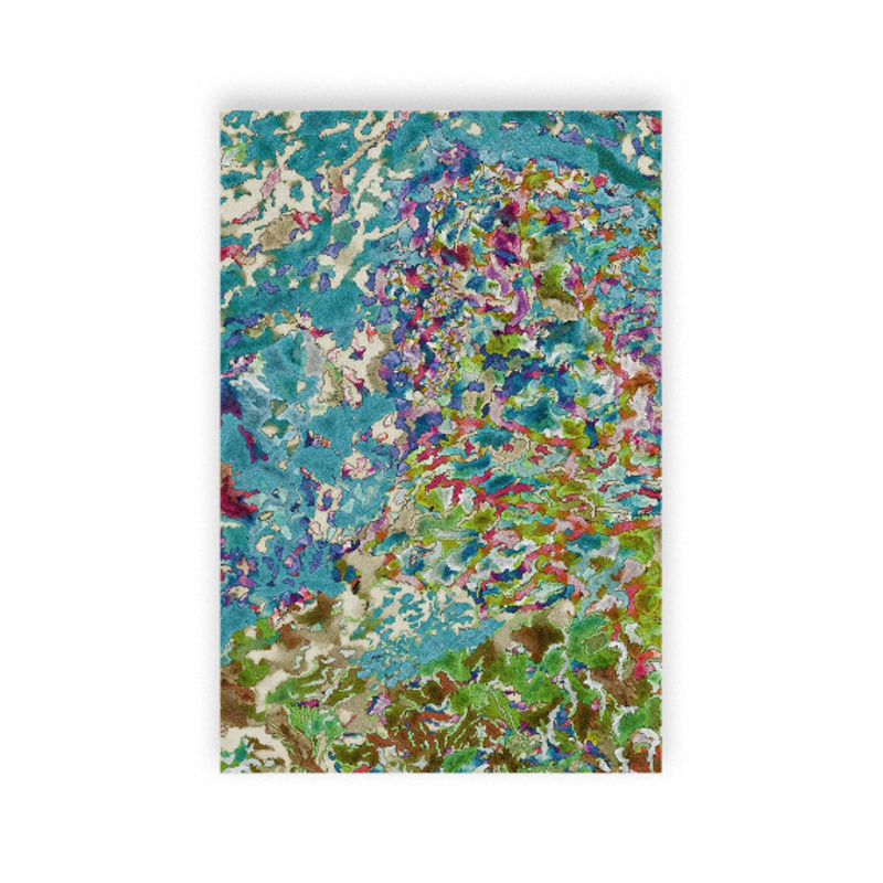 A vertical rectangular art print featuring an abstract, textured pattern with swirling waves of teal, blue, green, purple, pink, and cream, displayed against a solid white background.