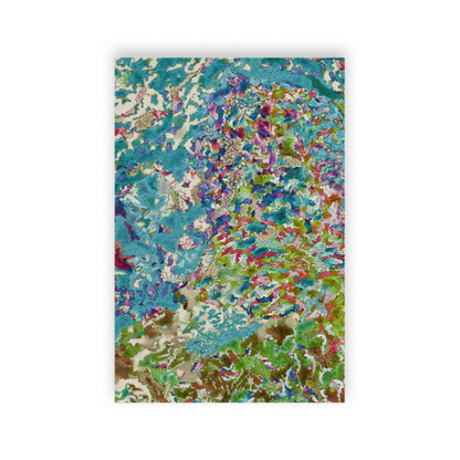 A vertical rectangular art print featuring an abstract, textured pattern with swirling waves of teal, blue, green, purple, pink, and cream, displayed against a solid white background.