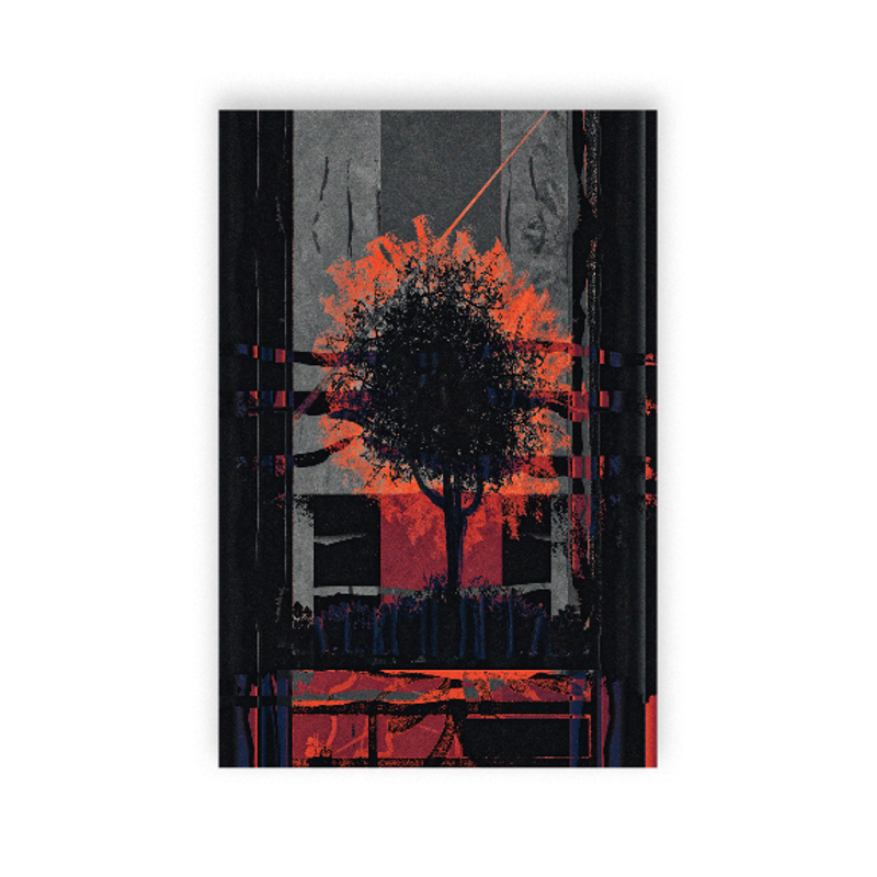 A vertical rectangular art print featuring an abstract tree silhouette in black and red-orange against a dark gray and black textured background, shown centered on a plain white backdrop.