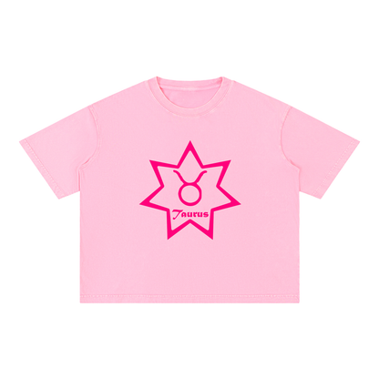 Taurus Zodiac Mineral Wash Boxy T-Shirt - Oversized Heavyweight Cotton Tee