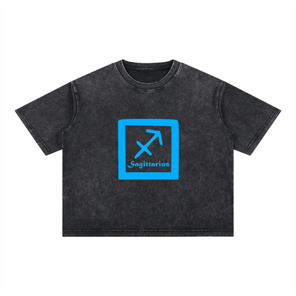 Sagittarius Zodiac Mineral Wash Boxy T-Shirt - Oversized Heavyweight Cotton Tee