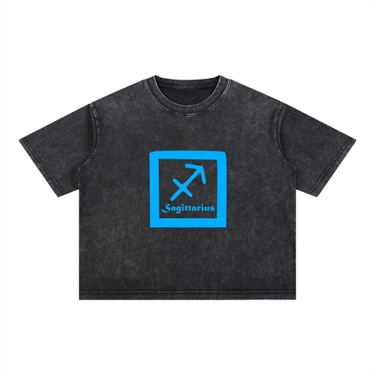 Sagittarius Zodiac Mineral Wash Boxy T-Shirt - Oversized Heavyweight Cotton Tee