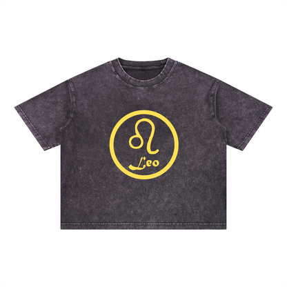 Leo Zodiac Mineral Wash Boxy T-Shirt - Oversized Heavyweight Cotton Tee
