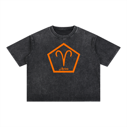 Aries Zodiac Mineral Wash Boxy T-Shirt - Oversized Heavyweight Cotton Tee