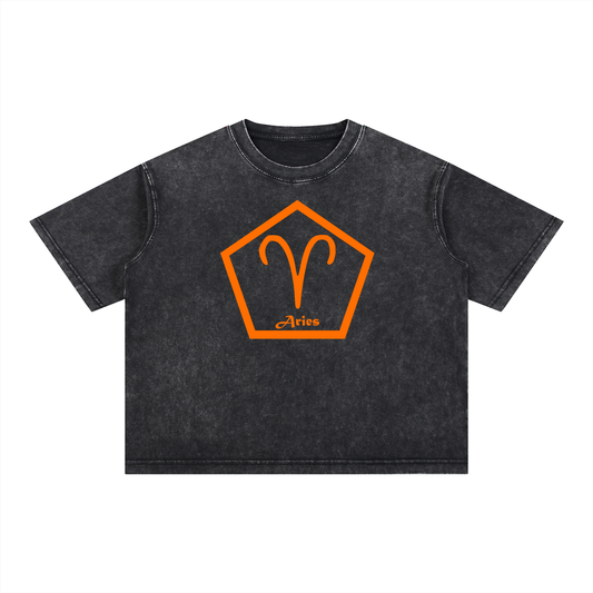 Aries Zodiac Mineral Wash Boxy T-Shirt - Oversized Heavyweight Cotton Tee