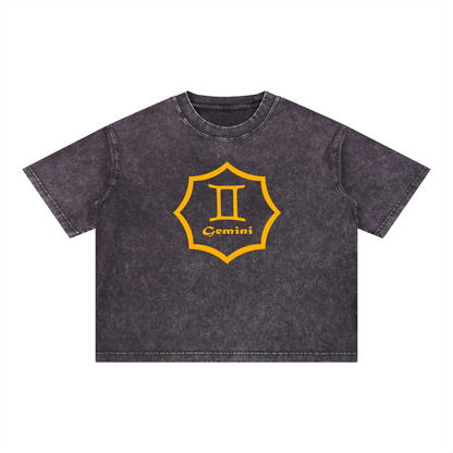 Gemini Zodiac Mineral Wash Boxy T-Shirt - Oversized Heavyweight Cotton Tee