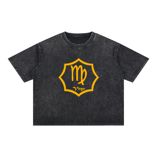 Virgo Zodiac Mineral Wash Boxy T-Shirt - Oversized Heavyweight Cotton Tee