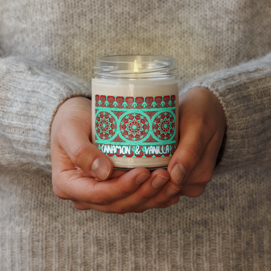 Cinnamon and vanilla soy wax candle in glass jar - natural handmade scented candle